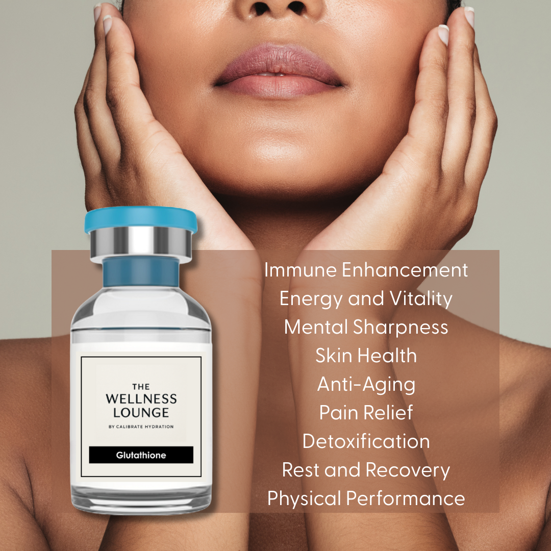 Glutathione IV Therapy Drip bag infusing powerful antioxidants for detoxification and skin health at Calibrate Wellness Lounge