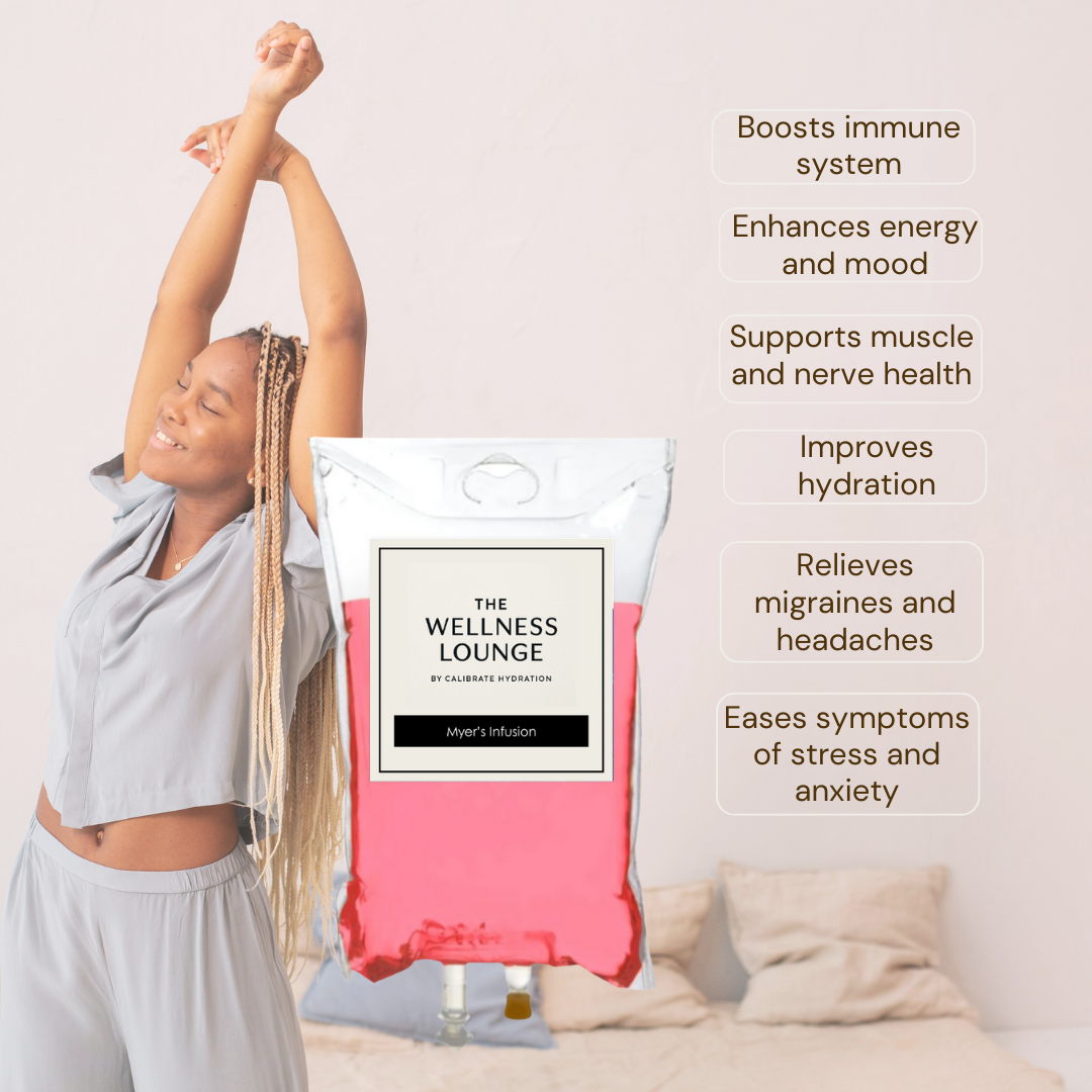 Patient comfortably receiving a relaxing Myers' Cocktail IV Therapy session for stress relief and rejuvenation at Calibrate Wellness.